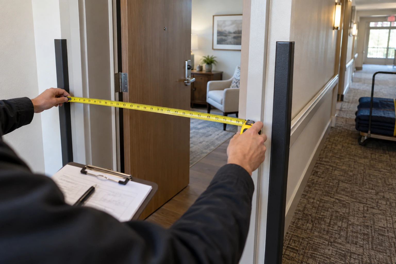Furniture buyer measuring a doorway and delivery route before ordering